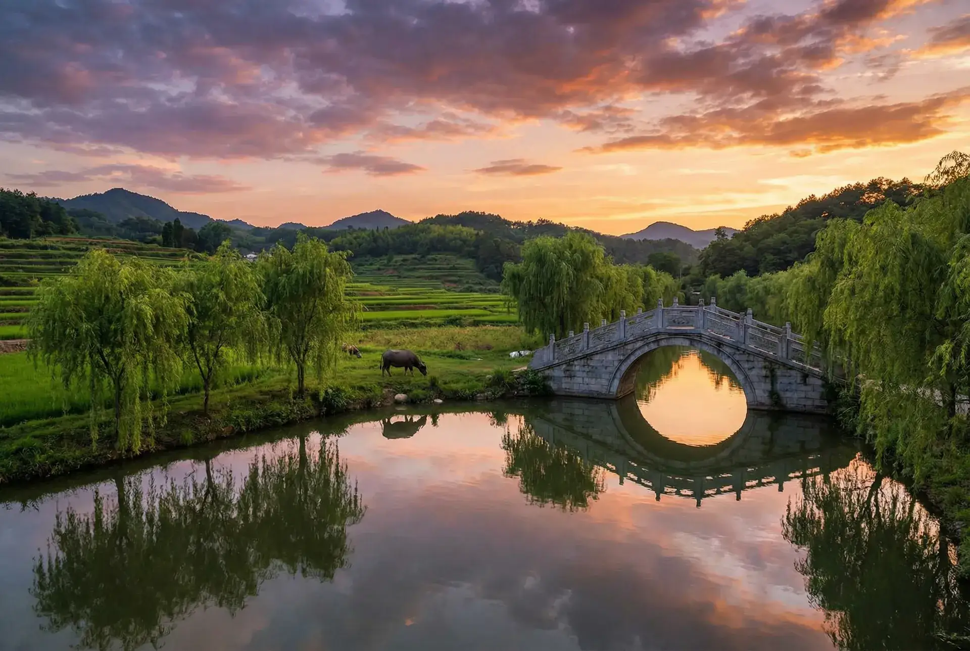 夕阳下的石拱桥与垂柳，水牛在河边吃草 - 凡人修仙传魔道争锋在线观看 乡村美景
